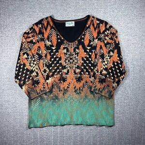 Vintage Cactus Bay Top Black Aztec Bedazzled Western Women’s XXL 3/4 Sleeve Y2K